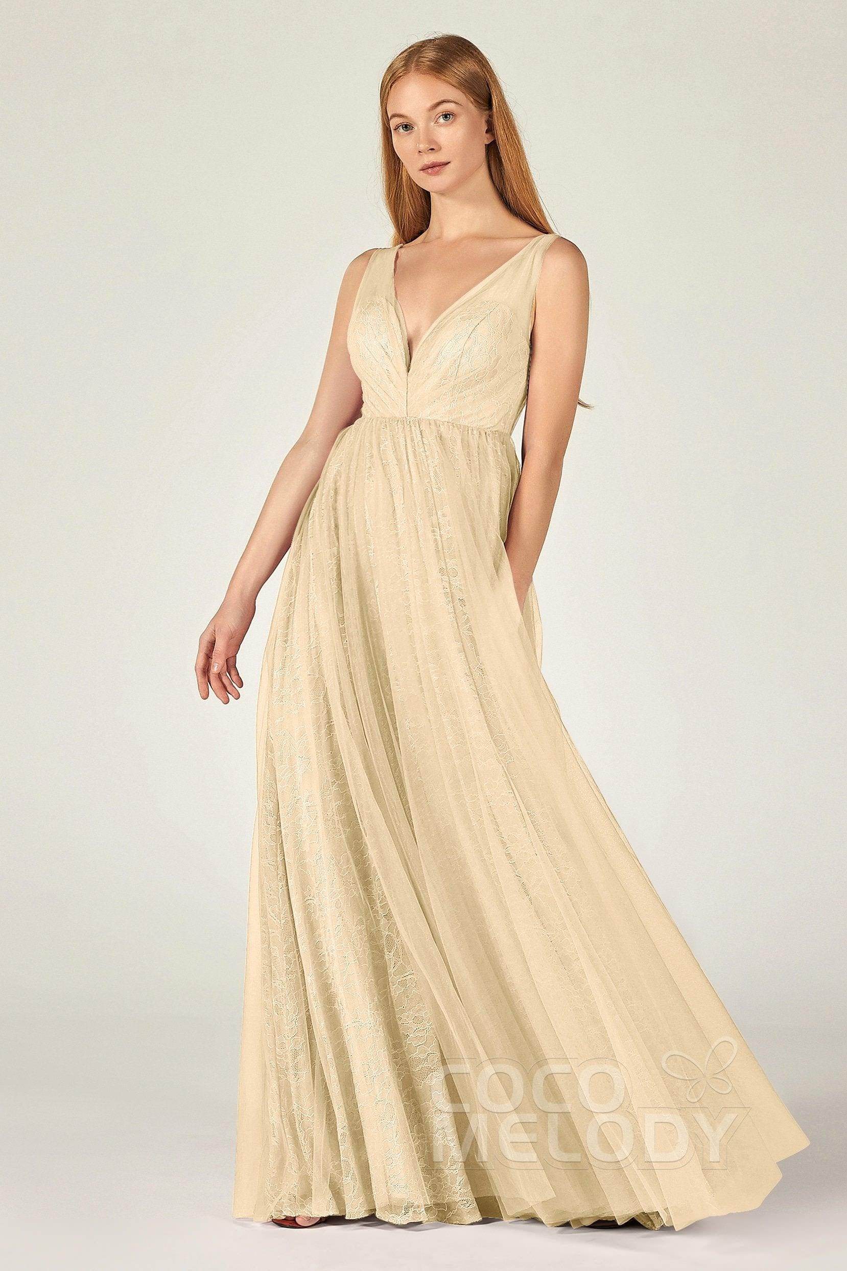 A-Line Floor Length Tulle Lace Bridesmaid Dress CB0375 - COCOMELODY